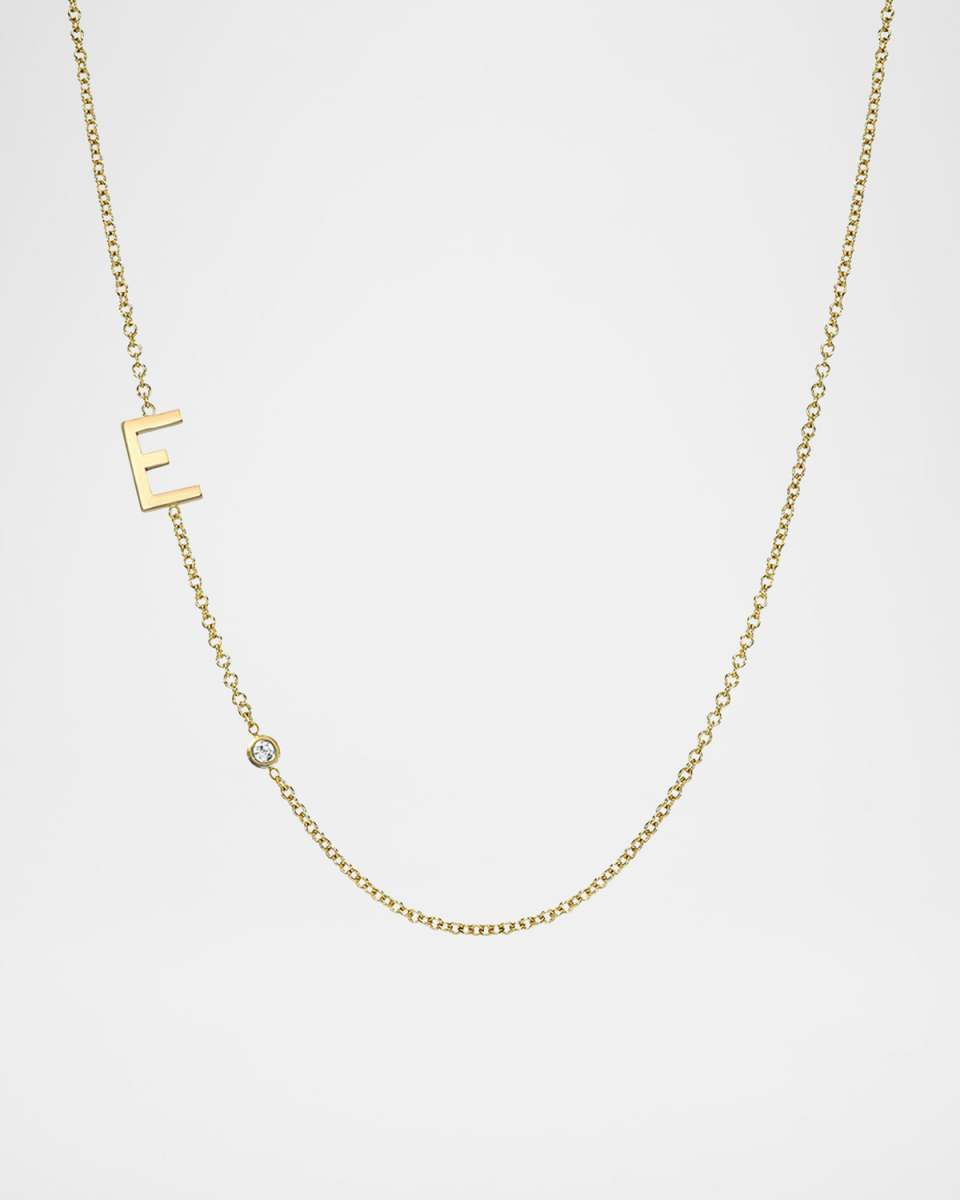 14k Gold Asymmetrical Initial and Bezel Diamond Necklace